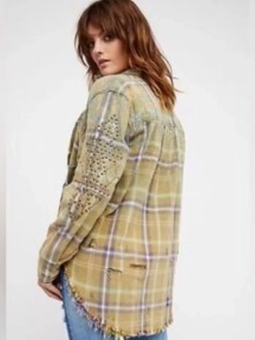 Free People Green Plaid Distressed Ripped Studded Zip-Up Jacket - Picture 3 of 9